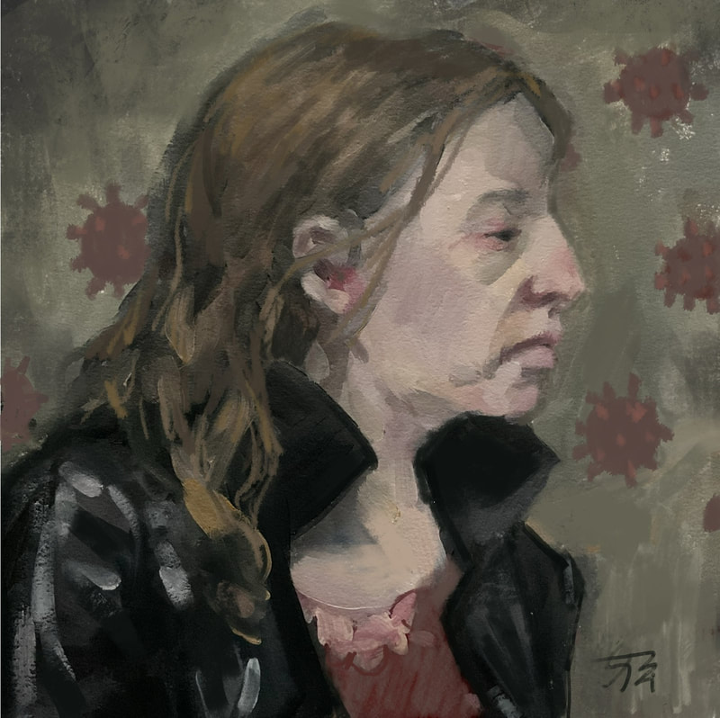 White woman in profile looking tired, sick, hair long and straggly wearing a black leather jacket and red top. Background is pale olive green with Covid cells in puce like a pattern.