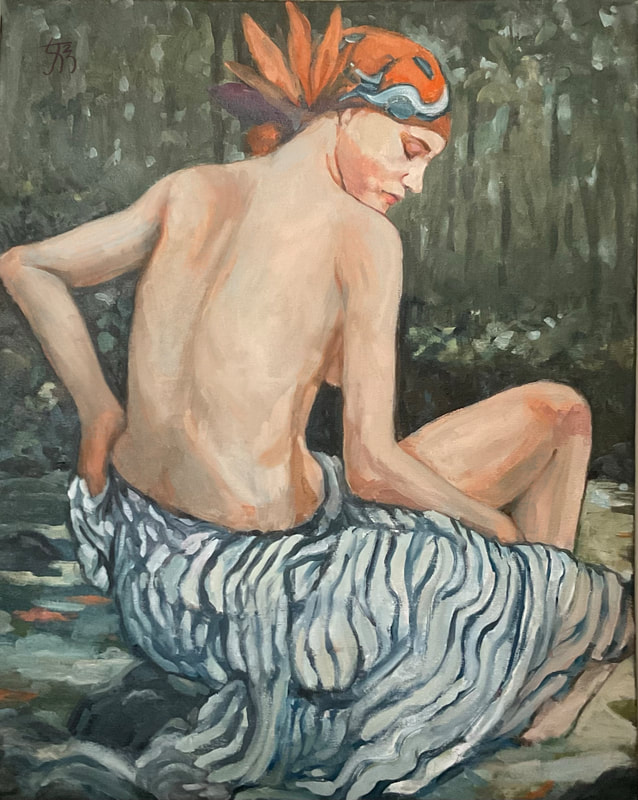 A white woman seen from back in face profile, naked but wearing a blue and white striped fabric around her waist, and a headscarf tied to look a bit like a bird of paradise flower in orange, blue and purple. She is seated on a rock in the water within a forest glade, her feet (and fabric) emerged in the water. A glimpse of orange fish is seen in the water. 