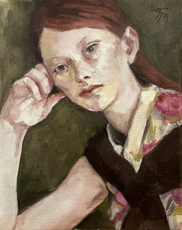 Painting of a young woman with long red hair, resting her head on one hand and looking straight on. Dark olive background. She is wearing a cream top with pink flowers with dark sweater tied around shoulders.
