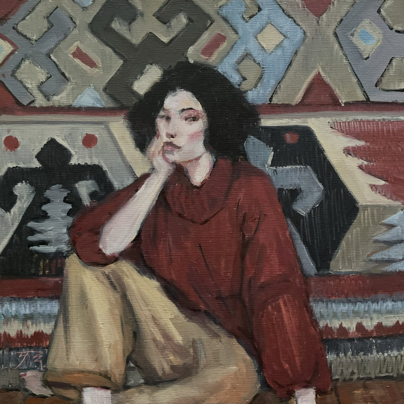Painting of a white woman with short black hair, wearing a red heavy sweater and wide leg tan pants, bare feet sitting on floor, head leaning on one hand, with Elmo resting on one knee raised. Behind is an oversized graphic Kilim rug pattern in olive, sage, sky blue, grey, red, cream & black.