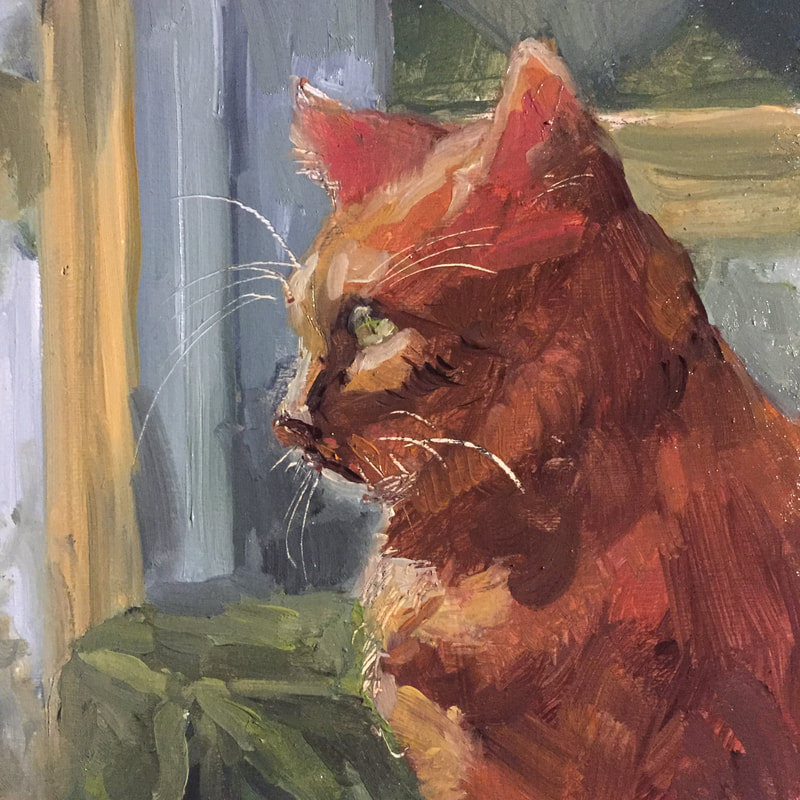 Painting of a ginger cat looking out a window, the light is hitting the whiskers.