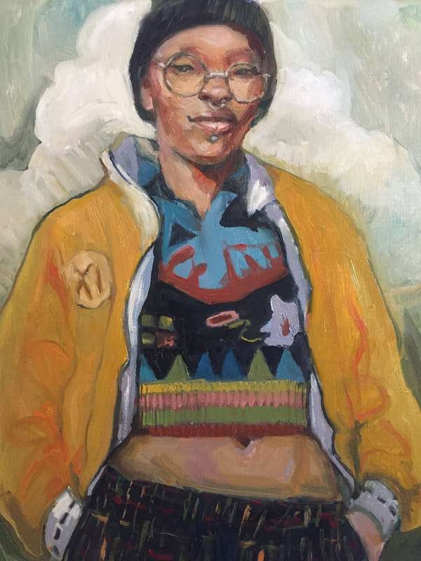 Painting of an androgynous looking Black person with piercings, wearing a cropped bold patterned sweater in primary colors and plaid primary color pants, with yellow zip jacket over top with label 'Xi'. They are also wearing round wire frame glasses and a dark toque.
