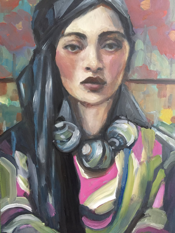 A woman wearing a silvery grey scarf knotted to the side, a colorful pink green, grey and white top, painted loosely, and very large beads around her neck. She is sitting on a suggestion of a patterned banquet which divides the background, and above is floral paper. Overall the painting is very patterned and busy, but her face is quiet and peaceful looking, she has very rosy cheeks and long dark hair we see under the scarf a bit on one side.