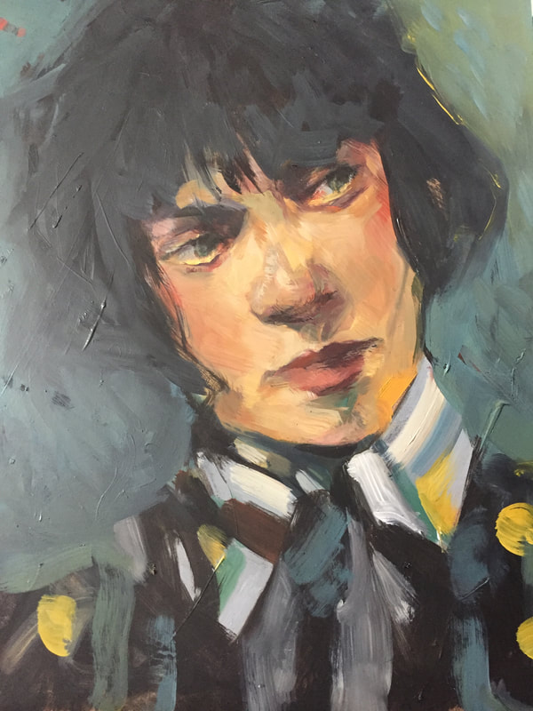 Portrait of an androgynous person, head tilted, eyes to the side, looking at something we can't see. Colors are black, greys, greens, blue and a pop of yellow, and skin tone is warm. 